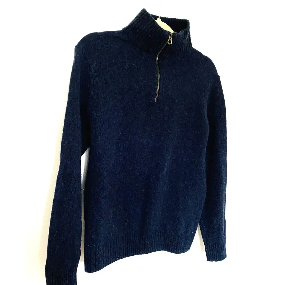 J Crew Rugged 1/2 Zip Blue Merino Wool Blend Sweater Pullover Layering M